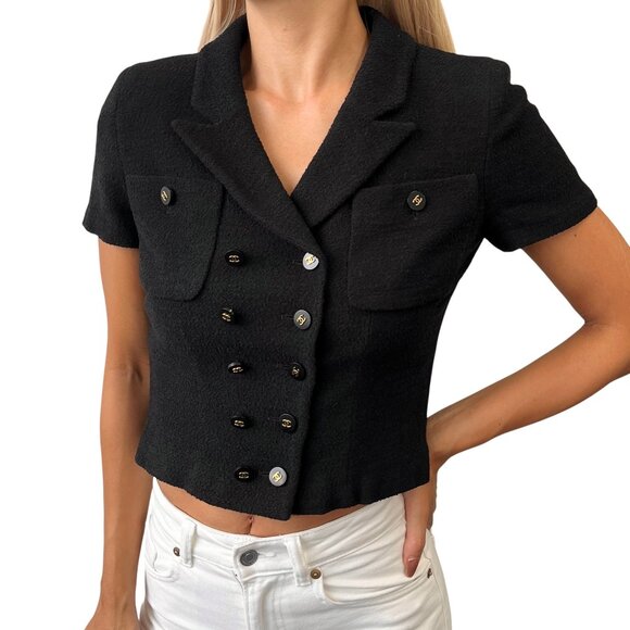CHANEL Vintage 95P CC Mark Logo Cropped Jacket #36 Button Black Gold [106360] - Picture 1 of 12